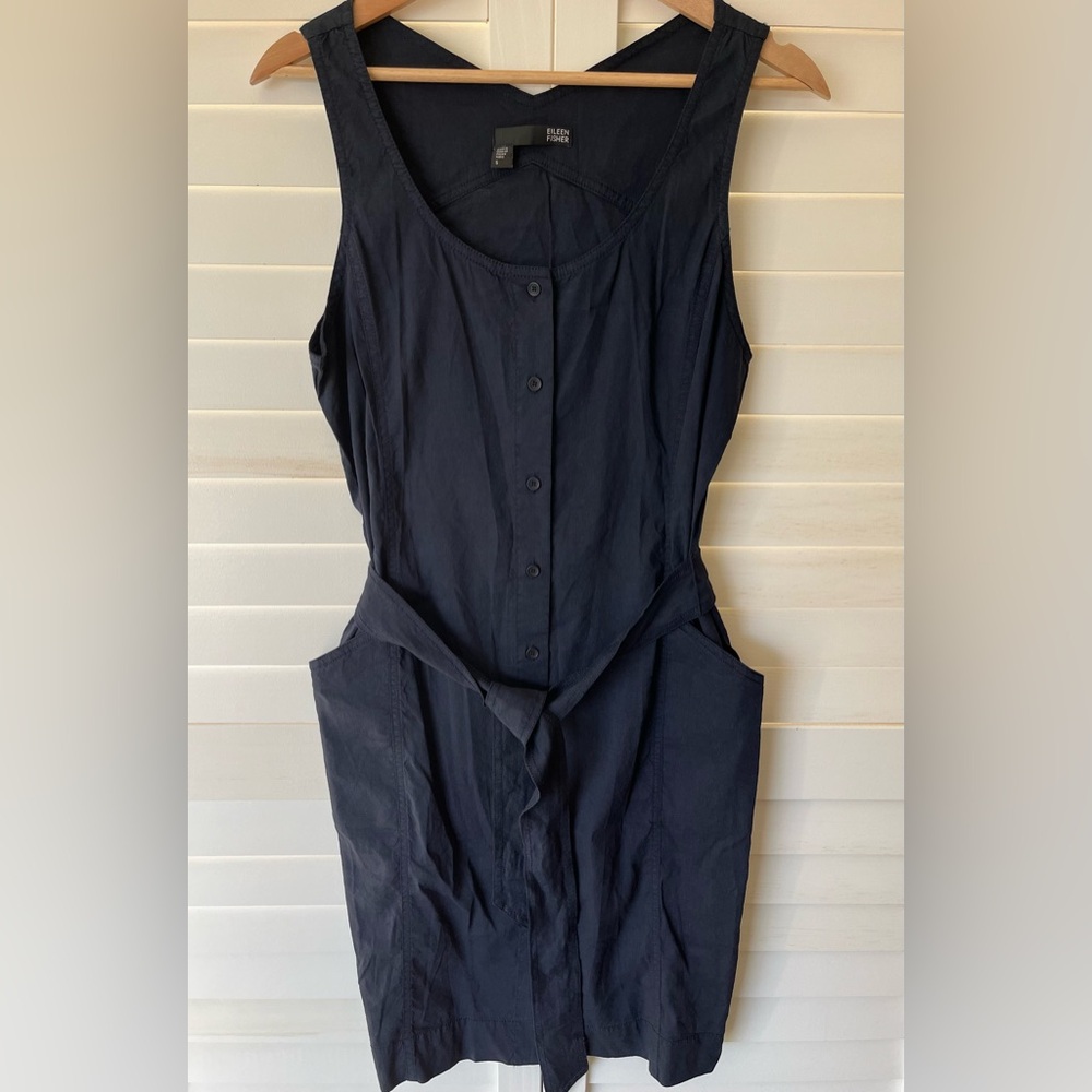 Eileen Fisher Stretch Linen Blend Navy Sleeveless Shirt Dress Size Small
